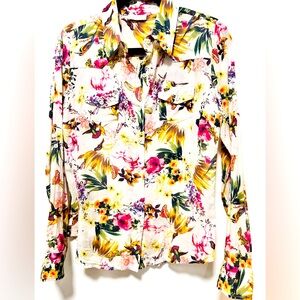 Opullence Tropical Vibrant Print  Semi Sheer Western Cut Long Sleeve Shirt XL